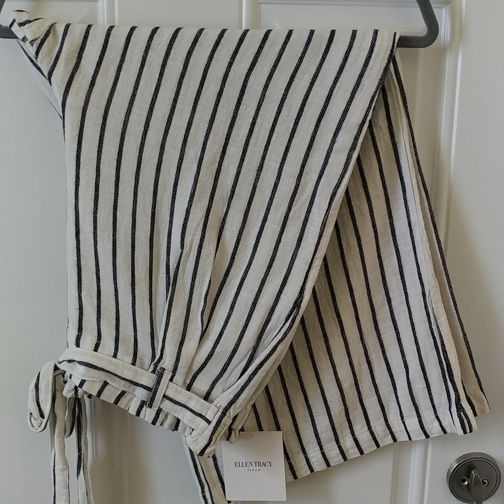 NWT Ellen Tracy Beachy Nautical Striped Wide Leg Linen Pants LG